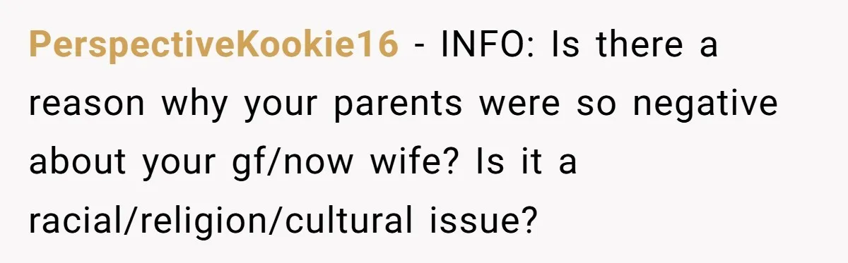 PerspectiveKookie16 − INFO: Is there a reason why your parents were so negative about your gf/now wife? Is it a racial/religion/cultural issue?