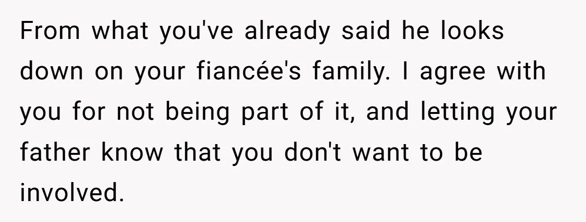 From what you've already said he looks down on your fiancée's family. I agree with you for not being part of it, and letting your father know that you don't...