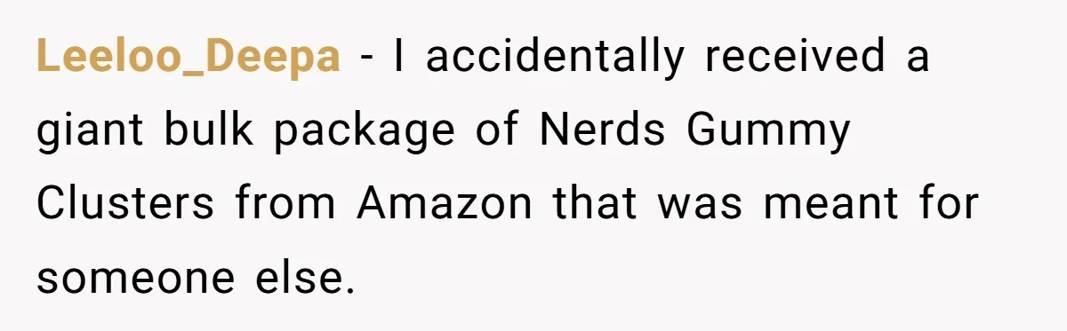 Leeloo_Deepa − I accidentally received a giant bulk package of Nerds Gummy Clusters from Amazon that was meant for someone else.