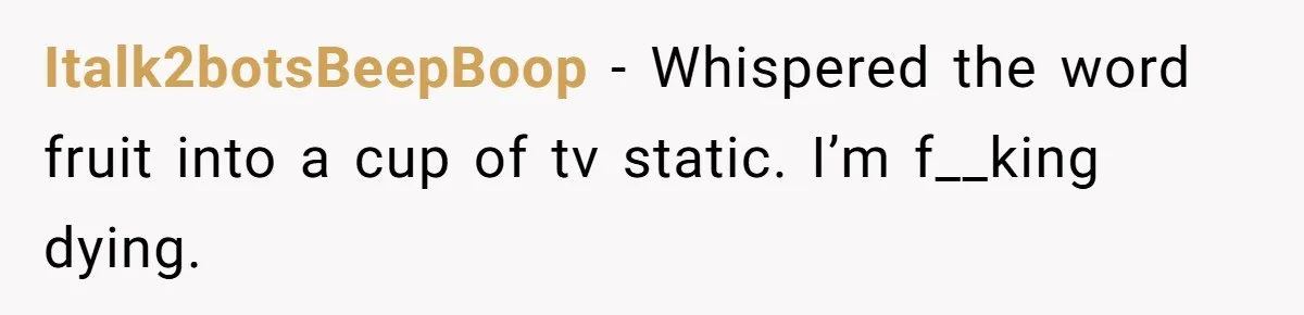 Italk2botsBeepBoop − Whispered the word fruit into a cup of tv static. I’m f__king dying.