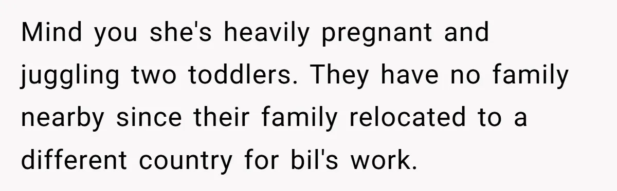 Mind you she's heavily pregnant and juggling two toddlers. They have no family nearby since their family relocated to a different country for bil's work.