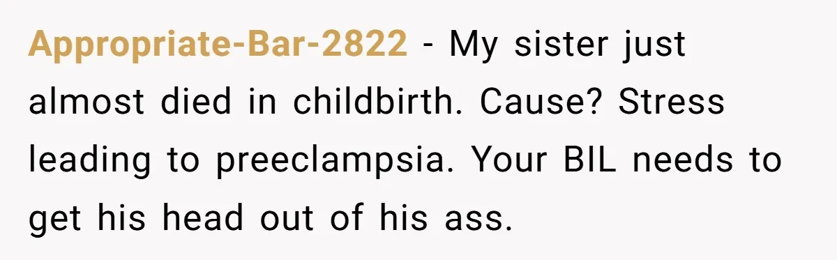 Appropriate-Bar-2822 − My sister just almost died in childbirth. Cause? Stress leading to preeclampsia. Your BIL needs to get his head out of his ass.