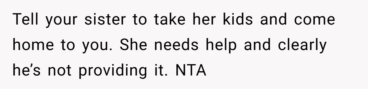Tell your sister to take her kids and come home to you. She needs help and clearly he’s not providing it. NTA