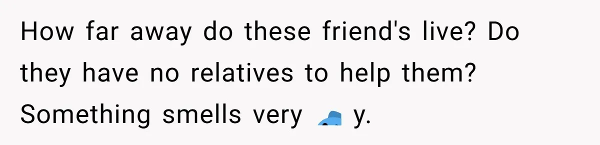 How far away do these friend's live? Do they have no relatives to help them? Something smells very 🐟 y.