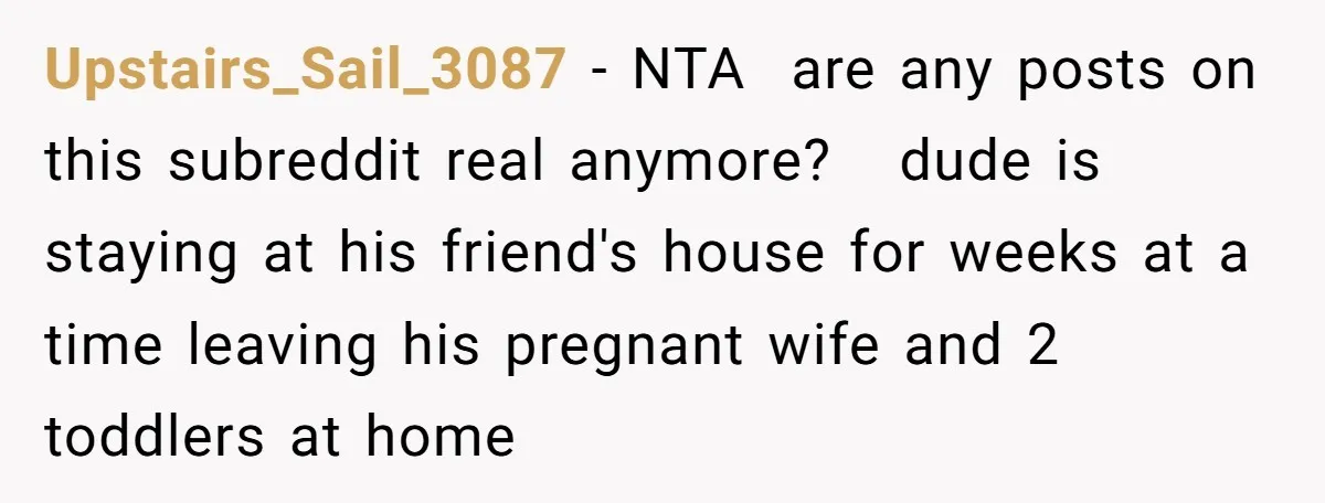Upstairs_Sail_3087 − NTA are any posts on this subreddit real anymore? dude is staying at his friend's house for weeks at a time leaving his pregnant wife and 2 toddlers...