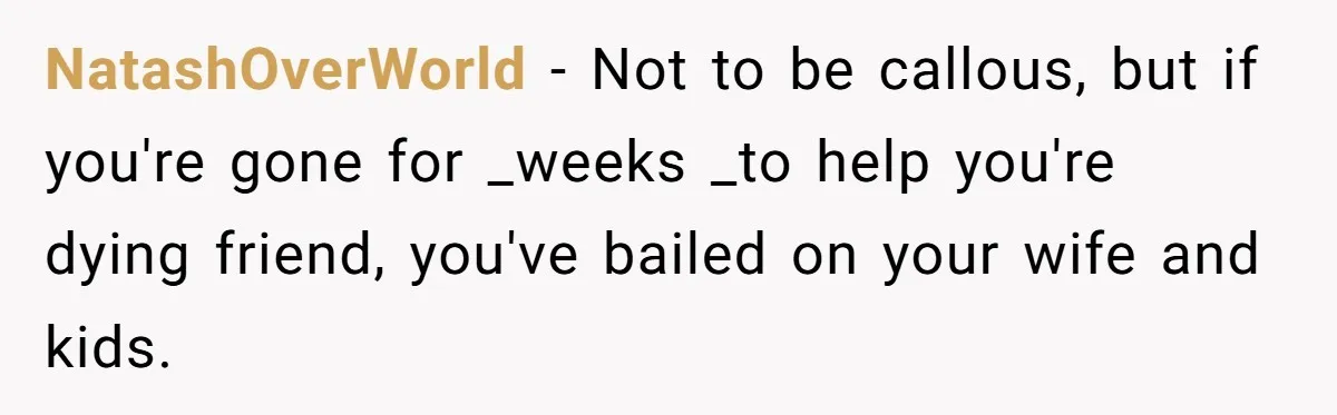 NatashOverWorld − Not to be callous, but if you're gone for _weeks _to help you're dying friend, you've bailed on your wife and kids.