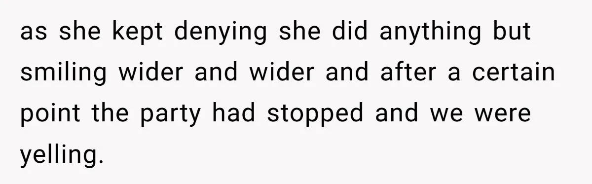 as she kept denying she did anything but smiling wider and wider and after a certain point the party had stopped and we were yelling.