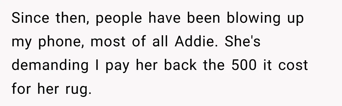 Since then, people have been blowing up my phone, most of all Addie. She's demanding I pay her back the 500 it cost for her rug.