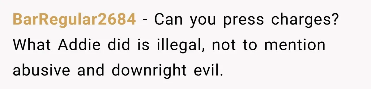 BarRegular2684 − Can you press charges? What Addie did is illegal, not to mention abusive and downright evil.