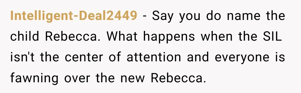 Intelligent-Deal2449 − Say you do name the child Rebecca. What happens when the SIL isn't the center of attention and everyone is fawning over the new Rebecca.
