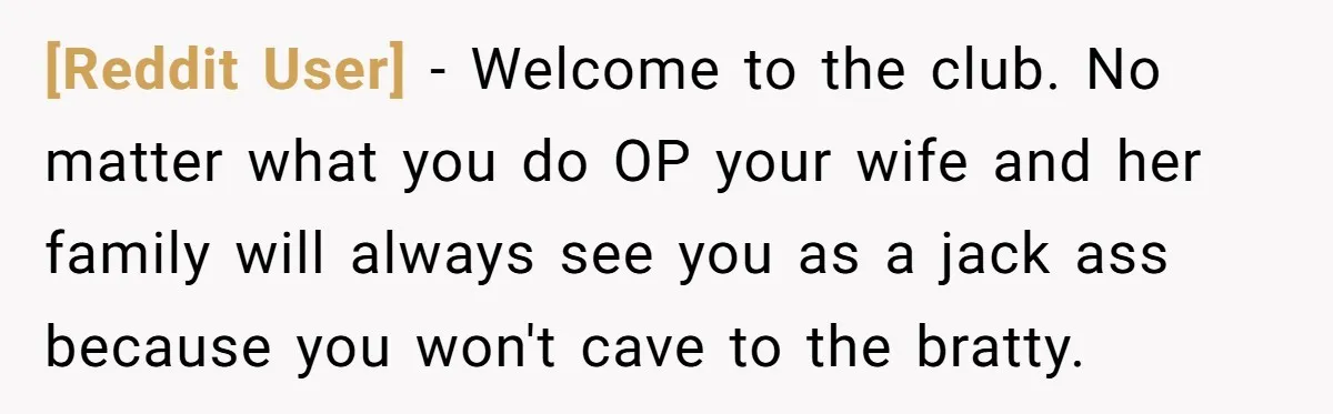[Reddit User] − Welcome to the club. No matter what you do OP your wife and her family will always see you as a jack ass because you won't cave...
