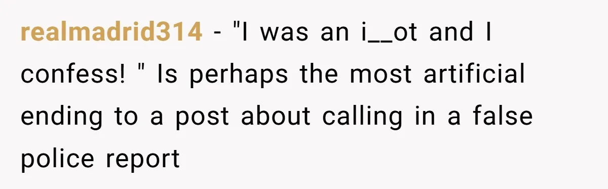realmadrid314 − "I was an i__ot and I confess! " Is perhaps the most artificial ending to a post about calling in a false police report