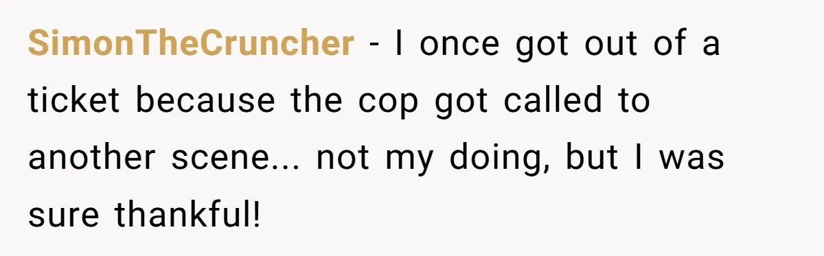 SimonTheCruncher − I once got out of a ticket because the cop got called to another scene... not my doing, but I was sure thankful!