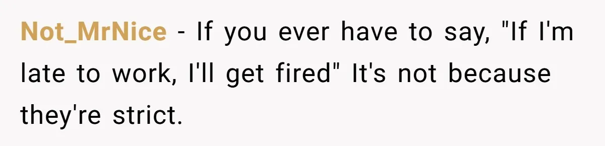Not_MrNice − If you ever have to say, "If I'm late to work, I'll get fired" It's not because they're strict.