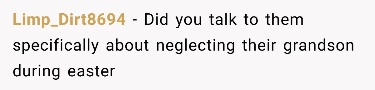 Limp_Dirt8694 − Did you talk to them specifically about neglecting their grandson during easter