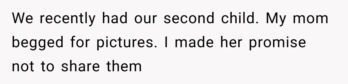 We recently had our second child. My mom begged for pictures. I made her promise not to share them