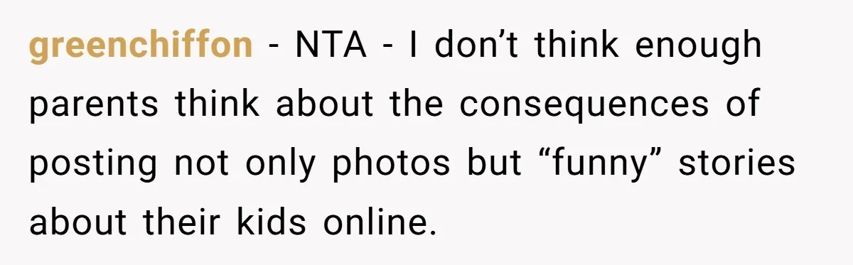 greenchiffon − NTA - I don’t think enough parents think about the consequences of posting not only photos but “funny” stories about their kids online.