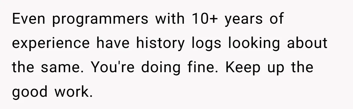 Even programmers with 10+ years of experience have history logs looking about the same. You're doing fine. Keep up the good work.