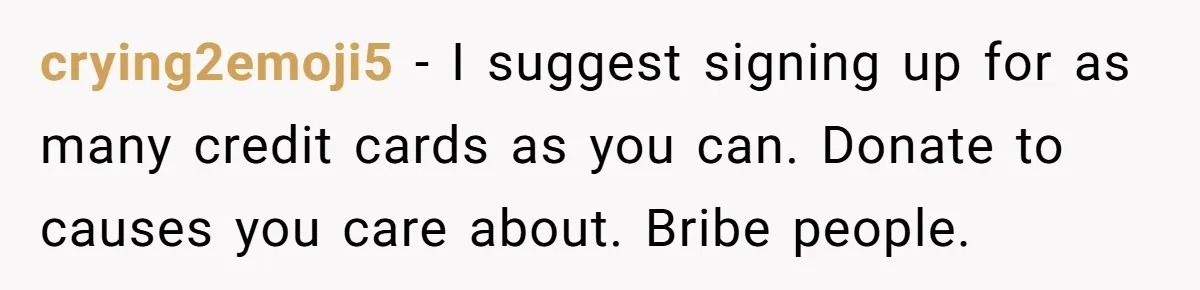 crying2emoji5 − I suggest signing up for as many credit cards as you can. Donate to causes you care about. Bribe people.