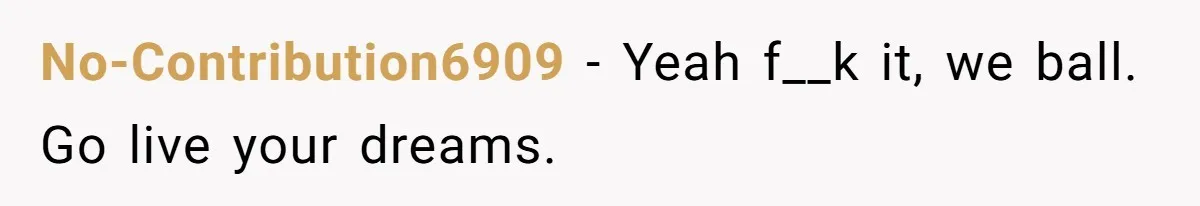 No-Contribution6909 − Yeah f__k it, we ball. Go live your dreams.