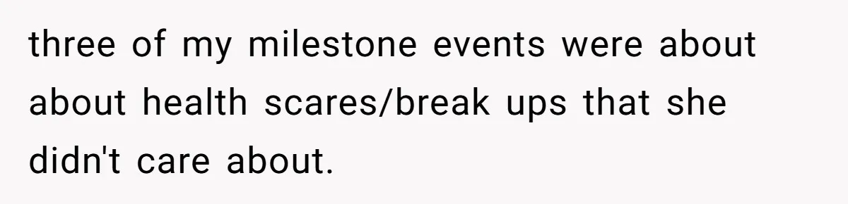 three of my milestone events were about about health scares/break ups that she didn't care about.