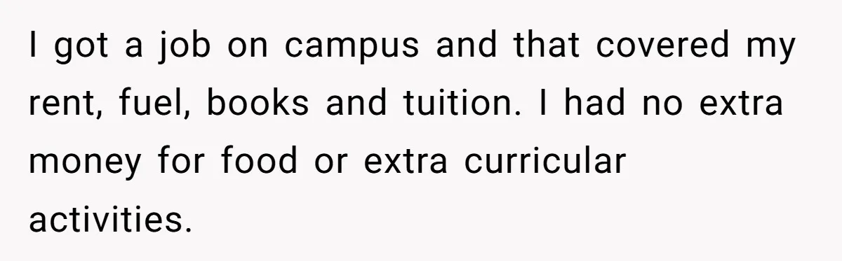 I got a job on campus and that covered my rent, fuel, books and tuition. I had no extra money for food or extra curricular activities.