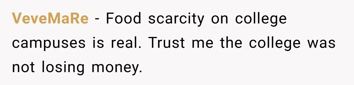 VeveMaRe − Food scarcity on college campuses is real. Trust me the college was not losing money.