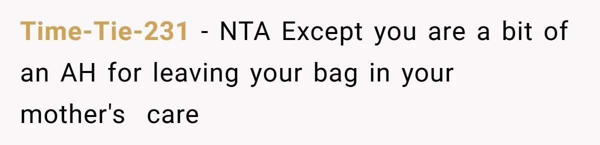 Time-Tie-231 − NTA Except you are a bit of an AH for leaving your bag in your mother's  care