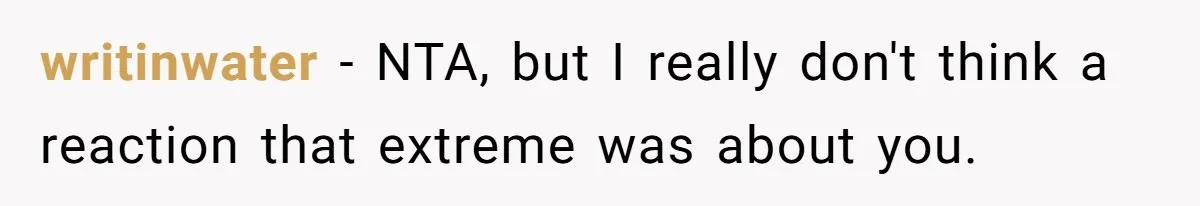 writinwater − NTA, but I really don't think a reaction that extreme was about you.