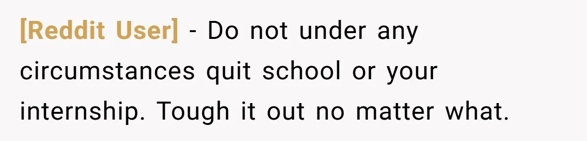 [Reddit User] − Do not under any circumstances quit school or your internship. Tough it out no matter what.