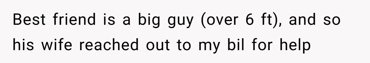 Best friend is a big guy (over 6 ft), and so his wife reached out to my bil for help