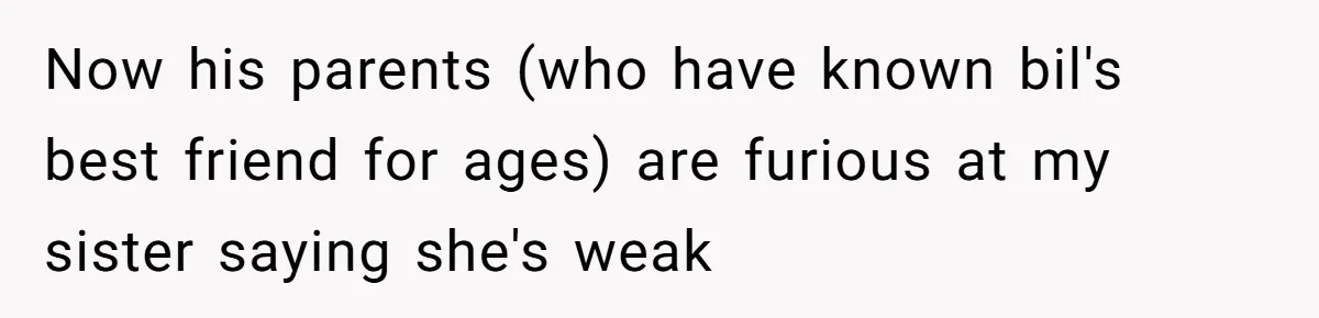 Now his parents (who have known bil's best friend for ages) are furious at my sister saying she's weak