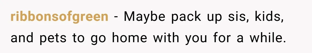 ribbonsofgreen − Maybe pack up sis, kids, and pets to go home with you for a while.