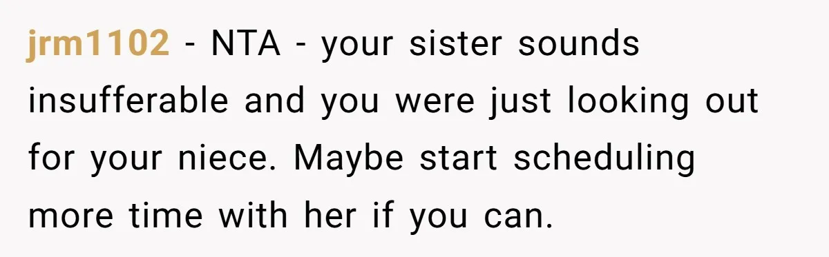 jrm1102 − NTA - your sister sounds insufferable and you were just looking out for your niece. Maybe start scheduling more time with her if you can.