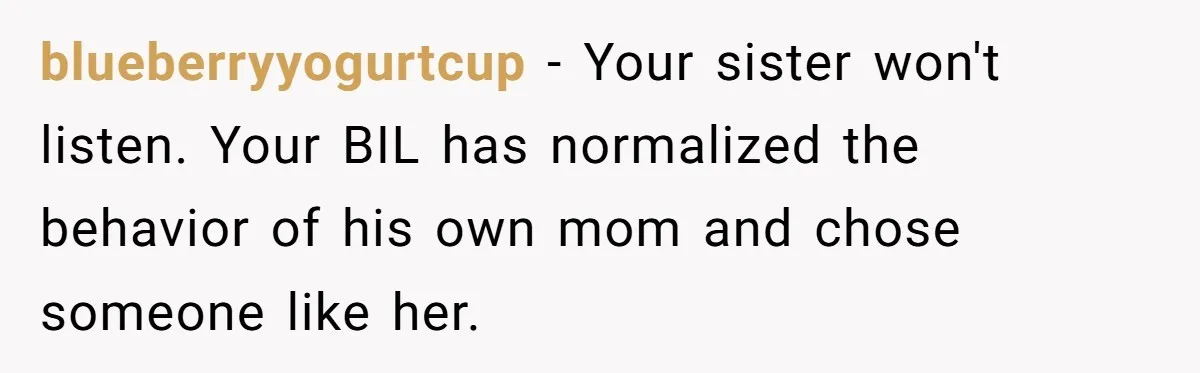 blueberryyogurtcup − Your sister won't listen. Your BIL has normalized the behavior of his own mom and chose someone like her.