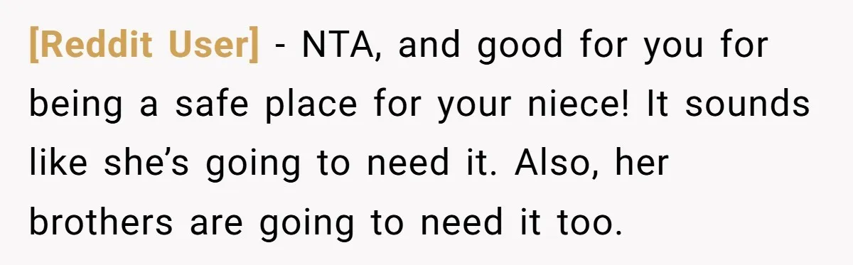 [Reddit User] − NTA, and good for you for being a safe place for your niece! It sounds like she’s going to need it. Also, her brothers are going to...