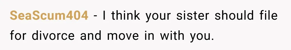 SeaScum404 − I think your sister should file for divorce and move in with you.