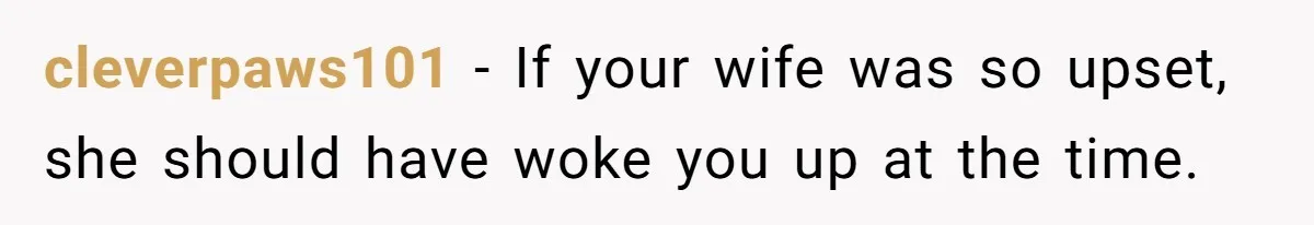 cleverpaws101 − If your wife was so upset, she should have woke you up at the time.