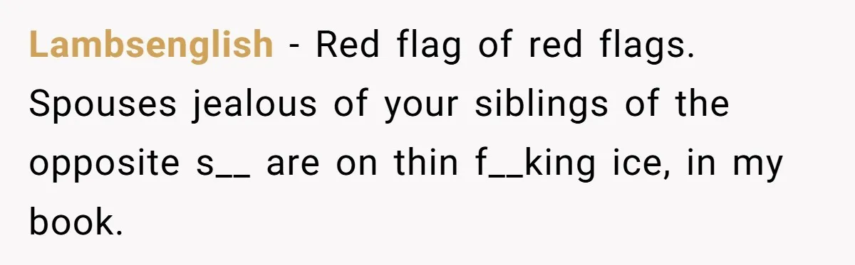 Lambsenglish − Red flag of red flags. Spouses jealous of your siblings of the opposite s__ are on thin f__king ice, in my book.