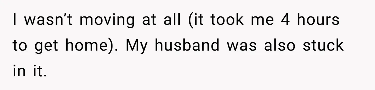 She Told Her Sister She’s Selfish After Refusing To Help With Kids, And Then Canceled The Engagement Party I wasn’t moving at all (it took me 4 hours to get home). My husband was also stuck in it.