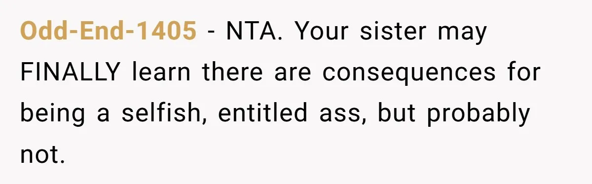 She Told Her Sister She’s Selfish After Refusing To Help With Kids, And Then Canceled The Engagement Party Odd-End-1405 − NTA. Your sister may FINALLY learn there are consequences for being a selfish, entitled ass, but probably not.