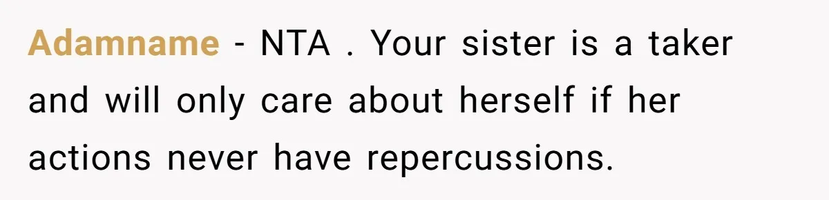 She Told Her Sister She’s Selfish After Refusing To Help With Kids, And Then Canceled The Engagement Party Adamname − NTA . Your sister is a taker and will only care about herself if her actions never have repercussions.