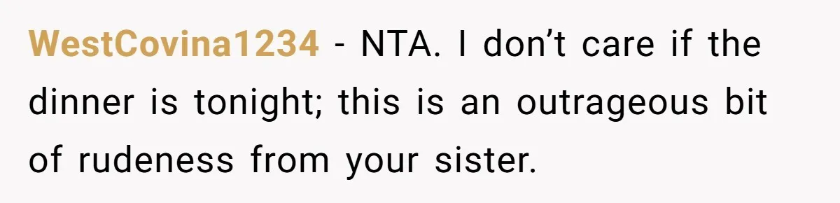 She Told Her Sister She’s Selfish After Refusing To Help With Kids, And Then Canceled The Engagement Party WestCovina1234 − NTA. I don’t care if the dinner is tonight; this is an outrageous bit of rudeness from your sister.