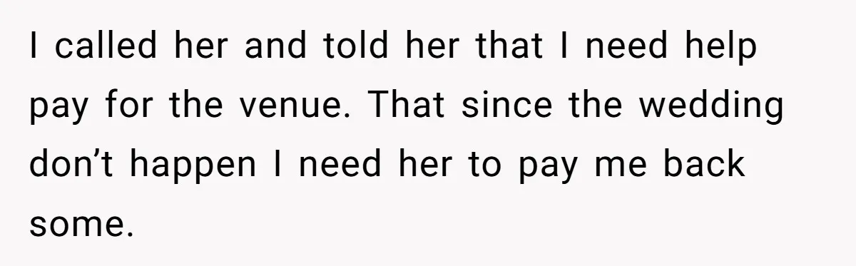 Dad Wants His Daughter To Pay Back The Wedding Costs After She Cheated, But She Thinks He’s Cruel I called her and told her that I need help pay for the venue. That since the wedding don’t happen I need her to pay me back some.