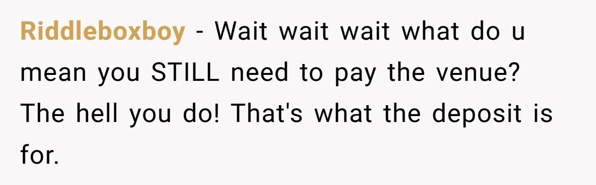 Dad Wants His Daughter To Pay Back The Wedding Costs After She Cheated, But She Thinks He’s Cruel Riddleboxboy − Wait wait wait what do u mean you STILL need to pay the venue? The hell you do! That's what the deposit is for.