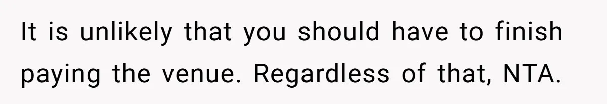 Dad Wants His Daughter To Pay Back The Wedding Costs After She Cheated, But She Thinks He’s Cruel It is unlikely that you should have to finish paying the venue. Regardless of that, NTA.