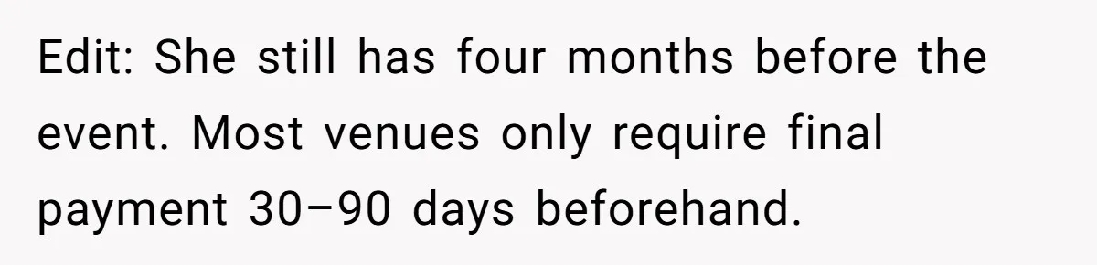 Dad Wants His Daughter To Pay Back The Wedding Costs After She Cheated, But She Thinks He’s Cruel Edit: She still has four months before the event. Most venues only require final payment 30–90 days beforehand.