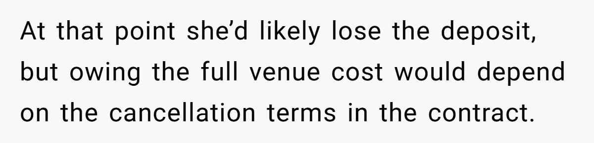 Dad Wants His Daughter To Pay Back The Wedding Costs After She Cheated, But She Thinks He’s Cruel At that point she’d likely lose the deposit, but owing the full venue cost would depend on the cancellation terms in the contract.