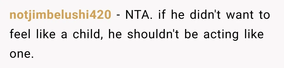 notjimbelushi420 − NTA. if he didn't want to feel like a child, he shouldn't be acting like one.