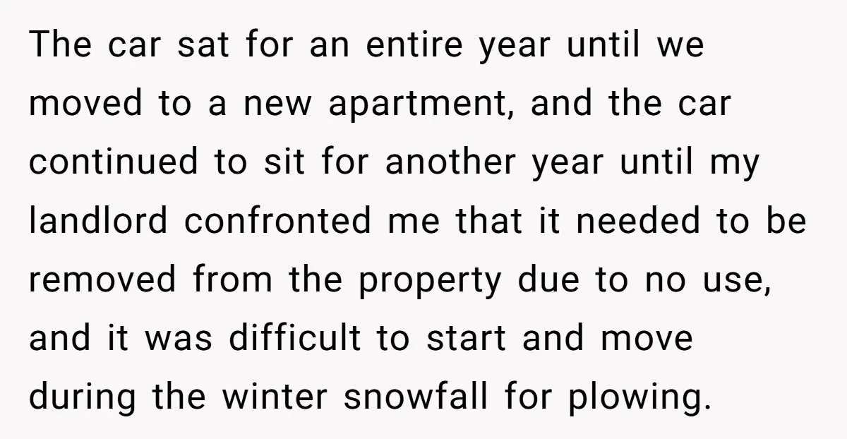 The car sat for an entire year until we moved to a new apartment, and the car continued to sit for another year until my landlord confronted me that it...